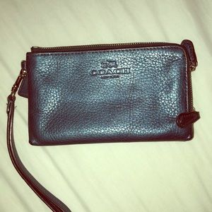 Blue metallic Coach double zipper wristlet